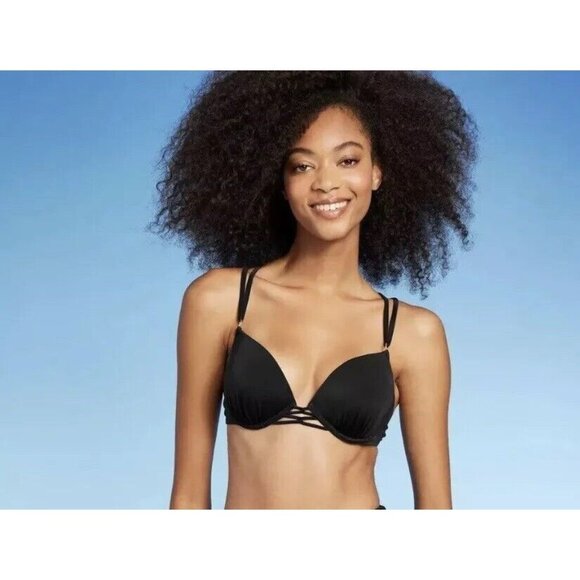 Shade & Shore Size XS 32B Solid Black Double Strap Push Up Bikini Swim Top - Picture 1 of 7